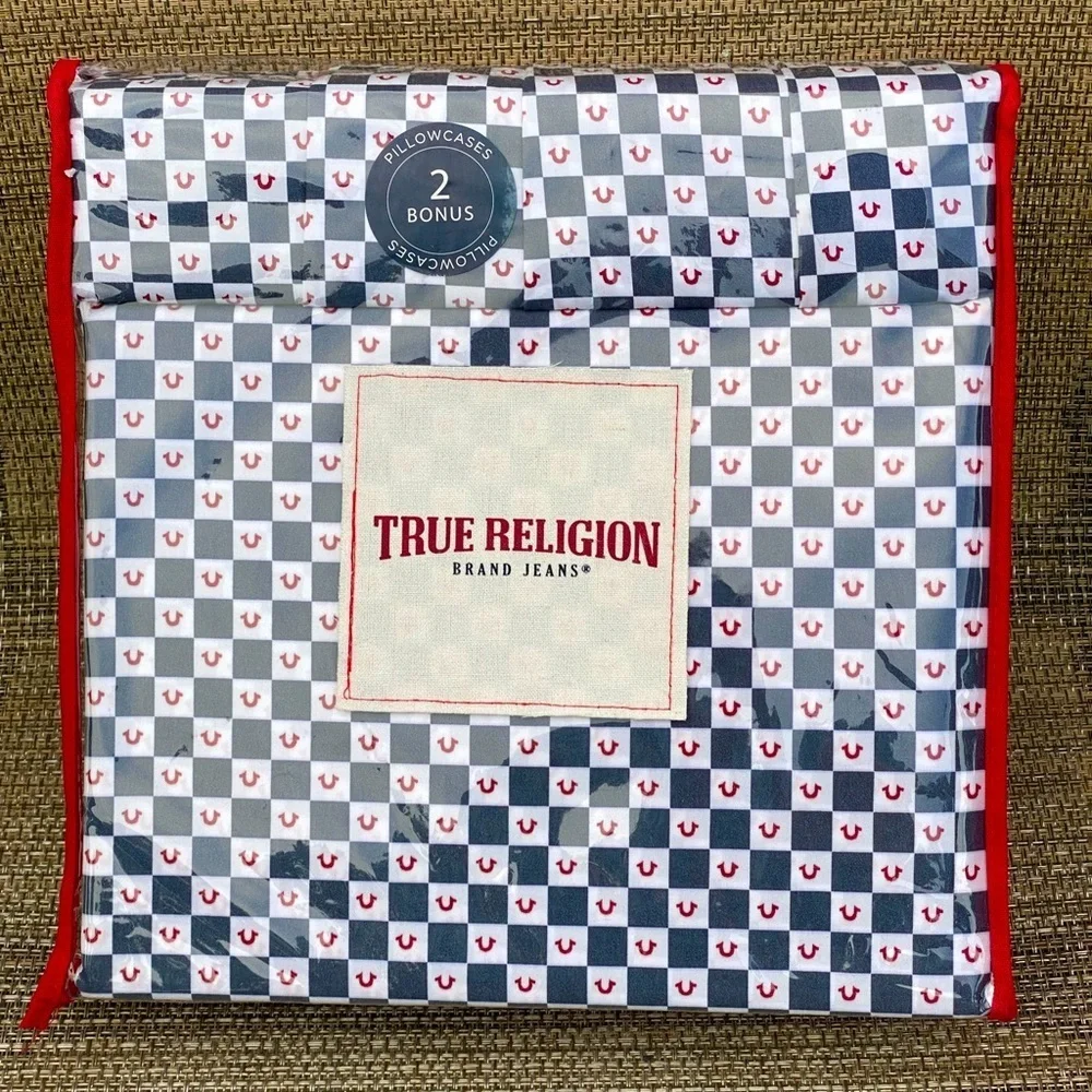 True Religion Blue Red White Plaid Polyester QUEEN Sheet Set 6pc
